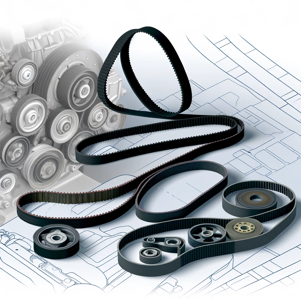 بيت DALL·E 2024 05 06 17.38.24 A detailed illustration of various automotive belts and their design components. The image features an assortment of belts such as timing belts serpe