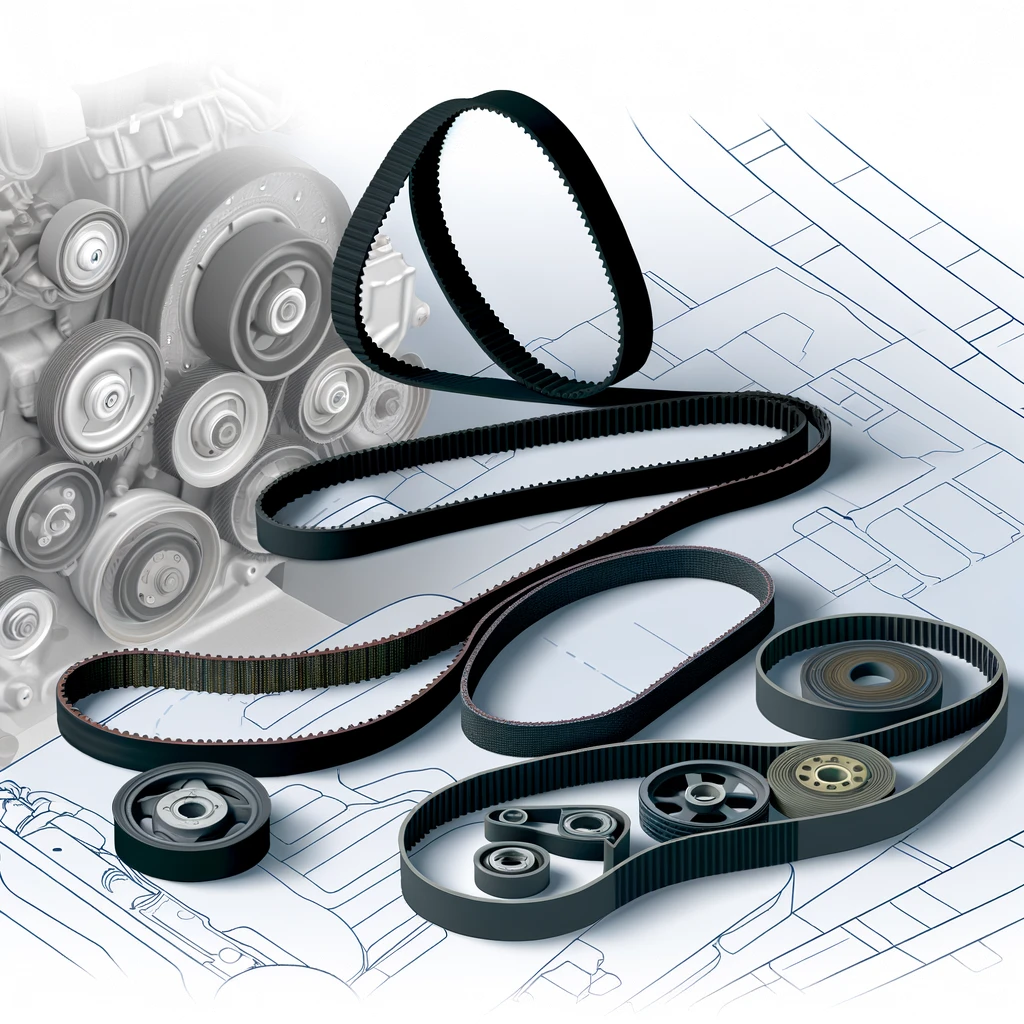 أخبار 2 أخبار DALL·E 2024 05 06 17.38.24 A detailed illustration of various automotive belts and their design components. The image features an assortment of belts such as timing belts serpe