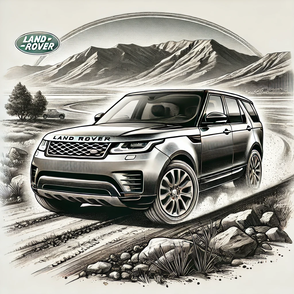 أخبار 7 أخبار DALL·E 2024 07 17 11.47.58 A detailed illustration of a Land Rover vehicle. The car is set against a rugged outdoor landscape with mountains in the background and a dirt road l