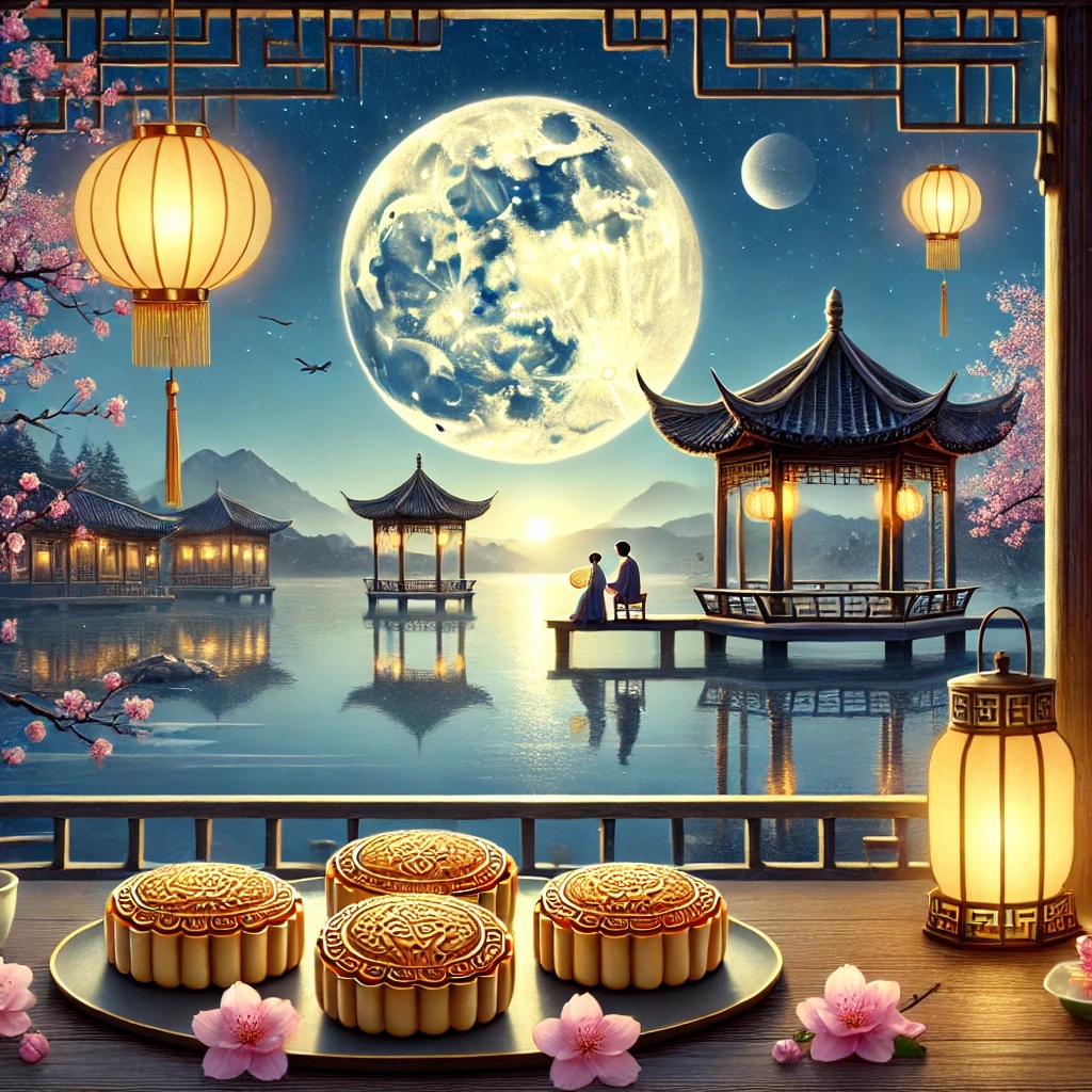 أخبار 4 أخبار DALL·E 2024 09 17 18.54.04 A traditional Chinese Mid Autumn Festival scene featuring a bright full moon shining over a peaceful landscape. In the foreground there are round moo 副本